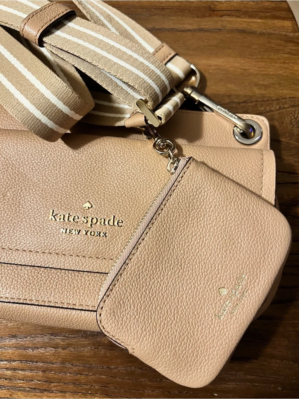 kate spade Pebbled Leather Crossbody Bag in Light Beige with Striped Strap